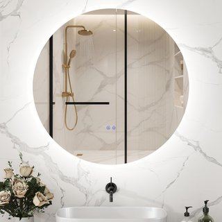 Espejo de Baño con Luz LED Redondo 60Cm, 3 Colores, 3000-6500K, Espejo de Pared Retroiluminado con Interruptores Táctiles, Brillo Regulable, Función de Memoria y Antiempañamiento, IP44
