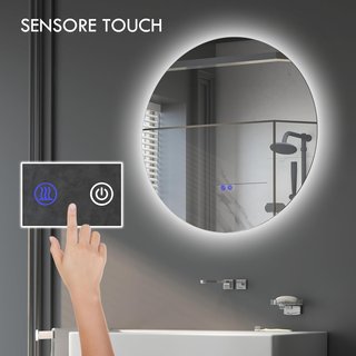 Espejo de Baño con Luz LED Redondo 60Cm, 3 Colores, 3000-6500K, Espejo de Pared Retroiluminado con Interruptores Táctiles, Brillo Regulable, Función de Memoria y Antiempañamiento, IP44