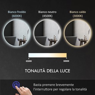 Espejo de Baño con Luz LED Redondo 60Cm, 3 Colores, 3000-6500K, Espejo de Pared Retroiluminado con Interruptores Táctiles, Brillo Regulable, Función de Memoria y Antiempañamiento, IP44