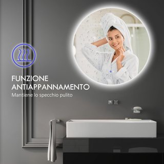 Espejo de Baño con Luz LED Redondo 60Cm, 3 Colores, 3000-6500K, Espejo de Pared Retroiluminado con Interruptores Táctiles, Brillo Regulable, Función de Memoria y Antiempañamiento, IP44