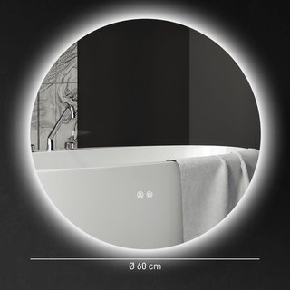 Espejo de Baño con Luz LED Redondo 60Cm, 3 Colores, 3000-6500K, Espejo de Pared Retroiluminado con Interruptores Táctiles, Brillo Regulable, Función de Memoria y Antiempañamiento, IP44