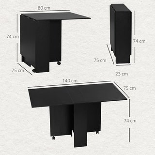 Mesa de Comedor Plegable, Mesa de Cocina Plegable para 6 Personas, Escritorio Plegable Ahorra Espacio con 2 Estantes Abiertos y Ruedas con Freno, para Sala de Estar, Oficina, 140X75X74Cm, Negro