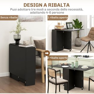 Mesa de Comedor Plegable, Mesa de Cocina Plegable para 6 Personas, Escritorio Plegable Ahorra Espacio con 2 Estantes Abiertos y Ruedas con Freno, para Sala de Estar, Oficina, 140X75X74Cm, Negro