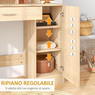 Espejo de Maquillaje, Mesa de Maquillaje con Cajón, Armario, Estantes Abiertos y Estante Regulable, Mesa de Tocador para Dormitorio, Moderna, 90X38X138 Cm, Color Madera
