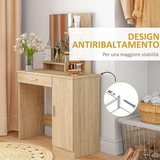 Espejo de Maquillaje, Mesa de Maquillaje con Cajón, Armario, Estantes Abiertos y Estante Regulable, Mesa de Tocador para Dormitorio, Moderna, 90X38X138 Cm, Color Madera