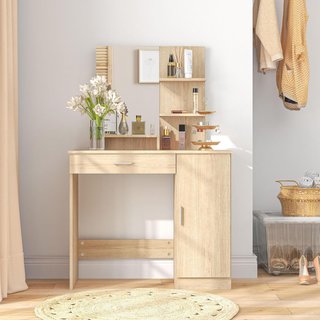 Espejo de Maquillaje, Mesa de Maquillaje con Cajón, Armario, Estantes Abiertos y Estante Regulable, Mesa de Tocador para Dormitorio, Moderna, 90X38X138 Cm, Color Madera