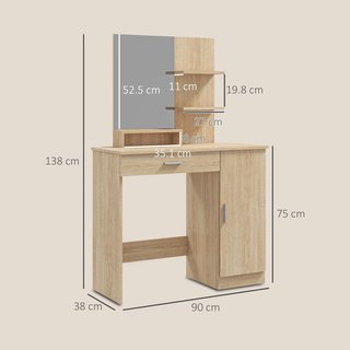 Espejo de Maquillaje, Mesa de Maquillaje con Cajón, Armario, Estantes Abiertos y Estante Regulable, Mesa de Tocador para Dormitorio, Moderna, 90X38X138 Cm, Color Madera