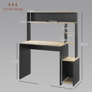 Escritorio de Oficina y Estudio con 3 Estantes, Escritorio de Madera con Soporte para CPU, 114X45X138Cm, Gris y Madera Natural