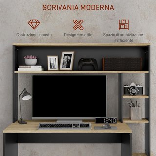 Escritorio de Oficina y Estudio con 3 Estantes, Escritorio de Madera con Soporte para CPU, 114X45X138Cm, Gris y Madera Natural