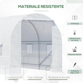 Invernadero para Huerto Con 6 Ventanas y Puerta Enrollable, Invernadero de Jardín en Forma de Túnel, Invernadero para Plantas Con Estructura de Metal y Tela de Polietileno, 4.5X2X2M, Blanco