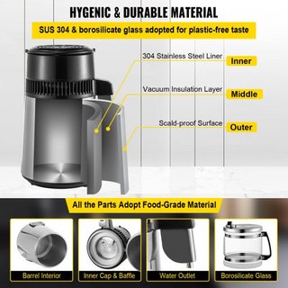 Máquina Destiladora de Agua Plateada 750W Destilador de Agua de Temperatura Ajustable Set de Elaboración de Vino de 4L Kit de Elaboración Destilador de Acero Inoxidable con Temperatura Ajustable p...