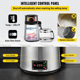 Máquina Destiladora de Agua Plateada 750W Destilador de Agua de Temperatura Ajustable Set de Elaboración de Vino de 4L Kit de Elaboración Destilador de Acero Inoxidable con Temperatura Ajustable p...