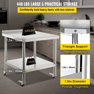 Mesa de Preparación de Acero Inoxidable, 36 x 24 x 35 Pulgadas, Capacidad de Carga de 440lbs Mesa de Trabajo de Metal de Alta Resistencia con Respaldo Estante Inferior Ajustable y 4 Ruedas, Estaci...