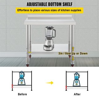 Mesa de Preparación de Acero Inoxidable, 36 x 24 x 35 Pulgadas, Capacidad de Carga de 440lbs Mesa de Trabajo de Metal de Alta Resistencia con Respaldo Estante Inferior Ajustable y 4 Ruedas, Estaci...
