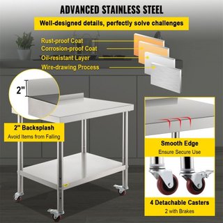 Mesa de Preparación de Acero Inoxidable, 36 x 24 x 35 Pulgadas, Capacidad de Carga de 440lbs Mesa de Trabajo de Metal de Alta Resistencia con Respaldo Estante Inferior Ajustable y 4 Ruedas, Estaci...