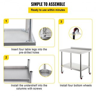 Mesa de Preparación de Acero Inoxidable, 36 x 24 x 35 Pulgadas, Capacidad de Carga de 440lbs Mesa de Trabajo de Metal de Alta Resistencia con Respaldo Estante Inferior Ajustable y 4 Ruedas, Estaci...