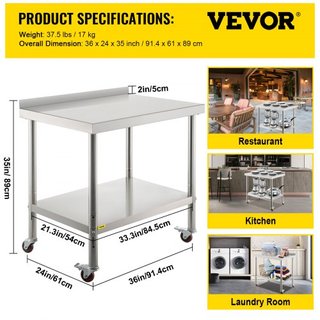 Mesa de Preparación de Acero Inoxidable, 36 x 24 x 35 Pulgadas, Capacidad de Carga de 440lbs Mesa de Trabajo de Metal de Alta Resistencia con Respaldo Estante Inferior Ajustable y 4 Ruedas, Estaci...