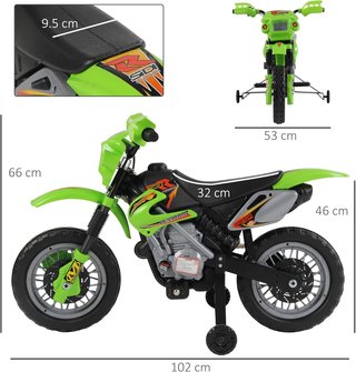 Moto Eléctrica para Niños a Partir de 3 Años, Moto Cross Eléctrica con Ruedas, Batería 6V Velocidad 2.5Km/H, 102 X 53 X 66Cm, Verde