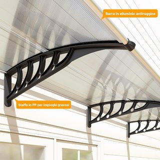 Toldo Exterior 303X96Cm, Toldo de Policarbonato y Aluminio para Balcón, Ventanas y Puertas, Transparente