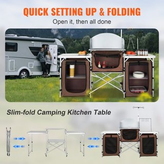 Mesa de Cocina para Camping, Mesa de Cocina Plegable para Exterior con Bolsa de Almacenamiento, Estación de Cocina de Aluminio con 3 Armarios y Paraviento Desmontable, Montaje Rápido para Picnics,...