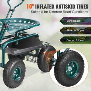 Carro de Jardín con Ruedas y Asiento Giratorio, Taburete de Jardinería para Plantar, Asiento Giratorio de 360 Grados, Scooter de Carro con Mango de Dirección y Bandeja de Herramientas, Uso para Pa...