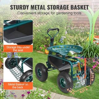 Carro de Jardín con Ruedas y Asiento Giratorio, Taburete de Jardinería para Plantar, Asiento Giratorio de 360 Grados, Scooter de Carro con Mango de Dirección y Bandeja de Herramientas, Uso para Pa...