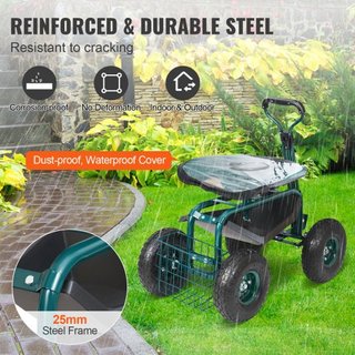 Carro de Jardín con Ruedas y Asiento Giratorio, Taburete de Jardinería para Plantar, Asiento Giratorio de 360 Grados, Scooter de Carro con Mango de Dirección y Bandeja de Herramientas, Uso para Pa...