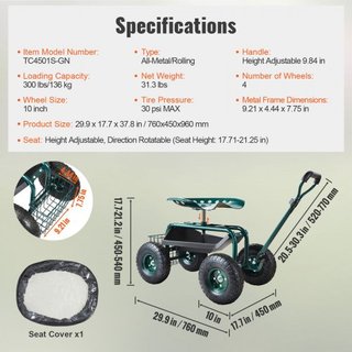 Carro de Jardín con Ruedas y Asiento Giratorio, Taburete de Jardinería para Plantar, Asiento Giratorio de 360 Grados, Scooter de Carro con Mango de Dirección y Bandeja de Herramientas, Uso para Pa...