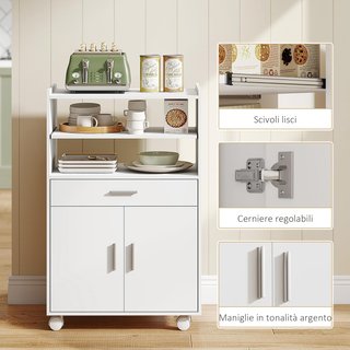 Carro Microondas Con Ruedas, Credenza de Cocina Con Cajón, Superficie para Electrodomésticos, Armario de 2 Puertas, Estante Extraíble y Estante Abierto, Carrito de Cocina para Sala de Estar, 59X40...