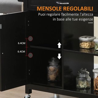 Carrito De Cocina De Madera Con Cajón, Armario Y Estantes, Carrito De Servicio Con Ruedas, 83X45X88Cm, Negro