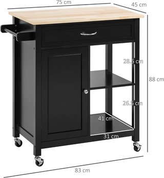 Carrito De Cocina De Madera Con Cajón, Armario Y Estantes, Carrito De Servicio Con Ruedas, 83X45X88Cm, Negro