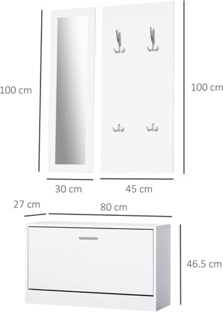 Conjunto de Muebles de Entrada 3 Piezas con Banco Zapatero, Perchero de Pared y Espejo, Armario para Dormitorio y Pasillo en Madera, 80X27X46.5 Cm, Blanco