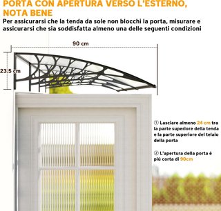 Toldo Curvo para Exteriores con Tornillos y Tuercas Incluidos, Toldos de Policarbonato, PP y Aluminio, 90X295X23.5 Cm, Negro y Transparente
