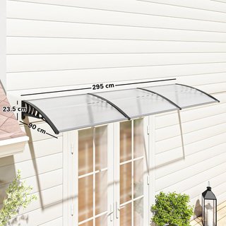 Toldo Curvo para Exteriores con Tornillos y Tuercas Incluidos, Toldos de Policarbonato, PP y Aluminio, 90X295X23.5 Cm, Negro y Transparente