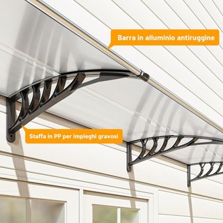 Toldo Curvo para Exteriores con Tornillos y Tuercas Incluidos, Toldos de Policarbonato, PP y Aluminio, 90X295X23.5 Cm, Negro y Transparente