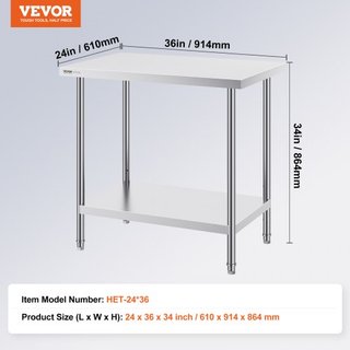 Mesa de Preparación de Acero Inoxidable, 24 x 36 x 34 Pulgadas, Mesa de Trabajo de Metal de Alta Resistencia con 3 Niveles de Altura Ajustables, Estación de Trabajo Comercial para Cocina, Garaje, ...