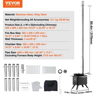 Estufa de Madera, 218.4 cm, Estufa de Camping de Acero Aleado, Estufa Portátil de Leña con Tubos de Chimenea y Guantes, Estufa Caliente para Tienda de 22941.9 cm³ para Cocinar y Calentar al Aire L...