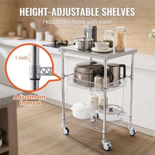 Carro de Utilidad de Cocina, 3 Niveles, Carro Rodante de Alambre con Capacidad de 470LBS, Carro de Servicio de Acero con Ruedas, Carro de Almacenamiento de Metal con Mango Curvado de 76mm, Forro d...