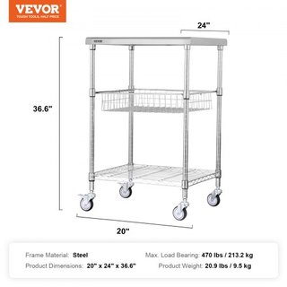 Carro de Utilidad de Cocina, 3 Niveles, Carro Rodante de Alambre con Capacidad de 470LBS, Carro de Servicio de Acero con Ruedas, Carro de Almacenamiento de Metal con Mango Curvado de 76mm, Forro d...