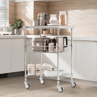 Carro de Utilidad de Cocina, 3 Niveles, Carro Rodante de Alambre con Capacidad de 470LBS, Carro de Servicio de Acero con Ruedas, Carro de Almacenamiento de Metal con Mango Curvado de 76mm, Forro d...