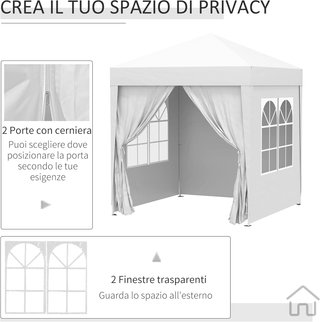 Gazebo 2X2 M Pop-Up Impermeable Con 4 Paredes Desmontables, Gazebo Plegable de Metal y Poliéster Con Bolsa de Transporte, Blanco