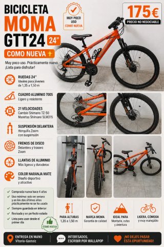 Bicicleta de montaña Moma GTT24 24" - Como nueva.