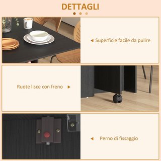 Mesa Plegable Con Ruedas, Mesa De Comedor De Diseño, Plegable Ahorra Espacio, Diseño Moderno, Con Ruedas, Estantes Para Almacenamiento, 140 × 80 × 74Cm, Negro