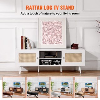 Soporte de TV de ratán para TV de 65 pulgadas, soporte de TV boho con puerta de ratán, centro de entretenimiento con enchufe incorporado y puertos USB, consola de TV moderna para sala de estar, sa...