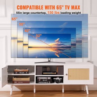 Soporte de TV de ratán para TV de 65 pulgadas, soporte de TV boho con puerta de ratán, centro de entretenimiento con enchufe incorporado y puertos USB, consola de TV moderna para sala de estar, sa...