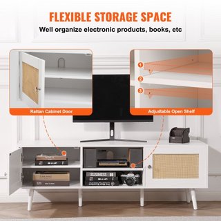 Soporte de TV de ratán para TV de 65 pulgadas, soporte de TV boho con puerta de ratán, centro de entretenimiento con enchufe incorporado y puertos USB, consola de TV moderna para sala de estar, sa...