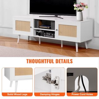 Soporte de TV de ratán para TV de 65 pulgadas, soporte de TV boho con puerta de ratán, centro de entretenimiento con enchufe incorporado y puertos USB, consola de TV moderna para sala de estar, sa...