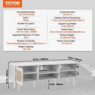 Soporte de TV de ratán para TV de 65 pulgadas, soporte de TV boho con puerta de ratán, centro de entretenimiento con enchufe incorporado y puertos USB, consola de TV moderna para sala de estar, sa...