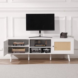 Soporte de TV de ratán para TV de 65 pulgadas, soporte de TV boho con puerta de ratán, centro de entretenimiento con enchufe incorporado y puertos USB, consola de TV moderna para sala de estar, sa...