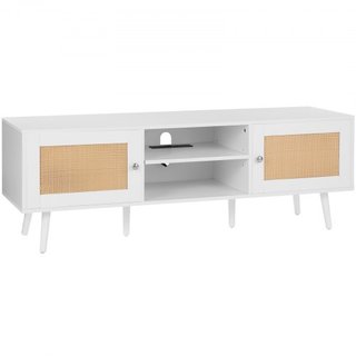 Soporte de TV de ratán para TV de 65 pulgadas, soporte de TV boho con puerta de ratán, centro de entretenimiento con enchufe incorporado y puertos USB, consola de TV moderna para sala de estar, sa...
